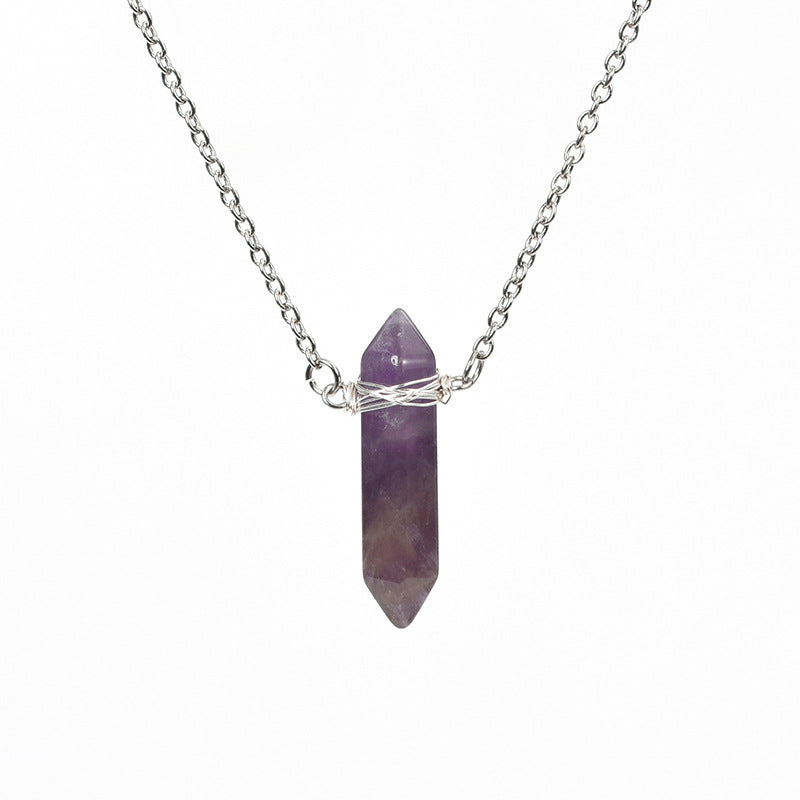 Vertical double pointed crystal column pendant natural stone mixed color crystal column jewelry with necklace
