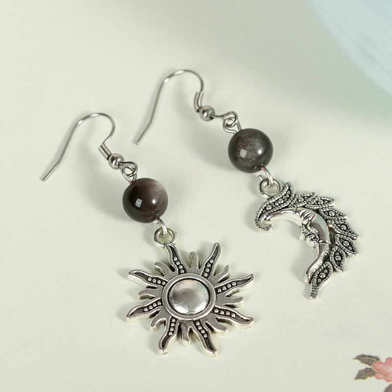Creative asymmetric left and right star and moon earrings best-selling accessories silver obsidian jewelry