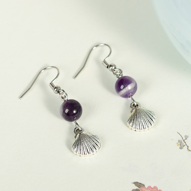 New earrings alloy scallop shell earrings rose quartz amethyst fashionable temperament female versatile earrings