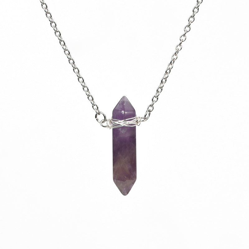 Vertical double pointed crystal column pendant natural stone mixed color crystal column jewelry with necklace