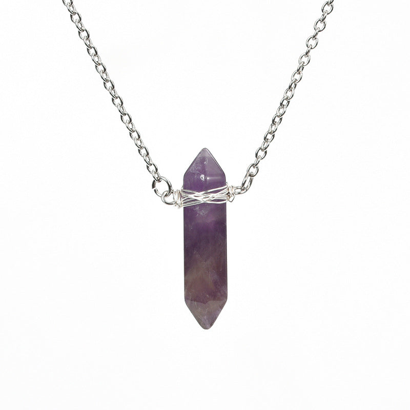 Vertical double pointed crystal column pendant natural stone mixed color crystal column jewelry with necklace