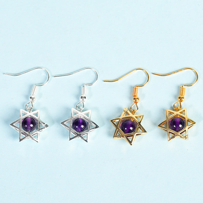 Natural crystal raw stone earrings, cute six-pointed star earrings, temperament, personality and sweet earrings