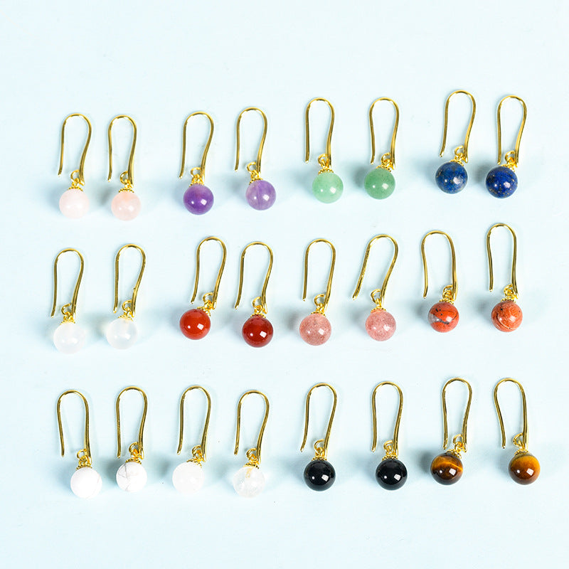 Natural crystal raw stone earrings, cute half-hole round bead earrings, temperament, personality and sweet earrings