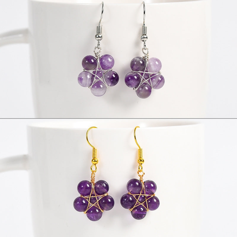 Natural crystal raw stone round beads flower jade earrings hand-wound hot-selling jewelry