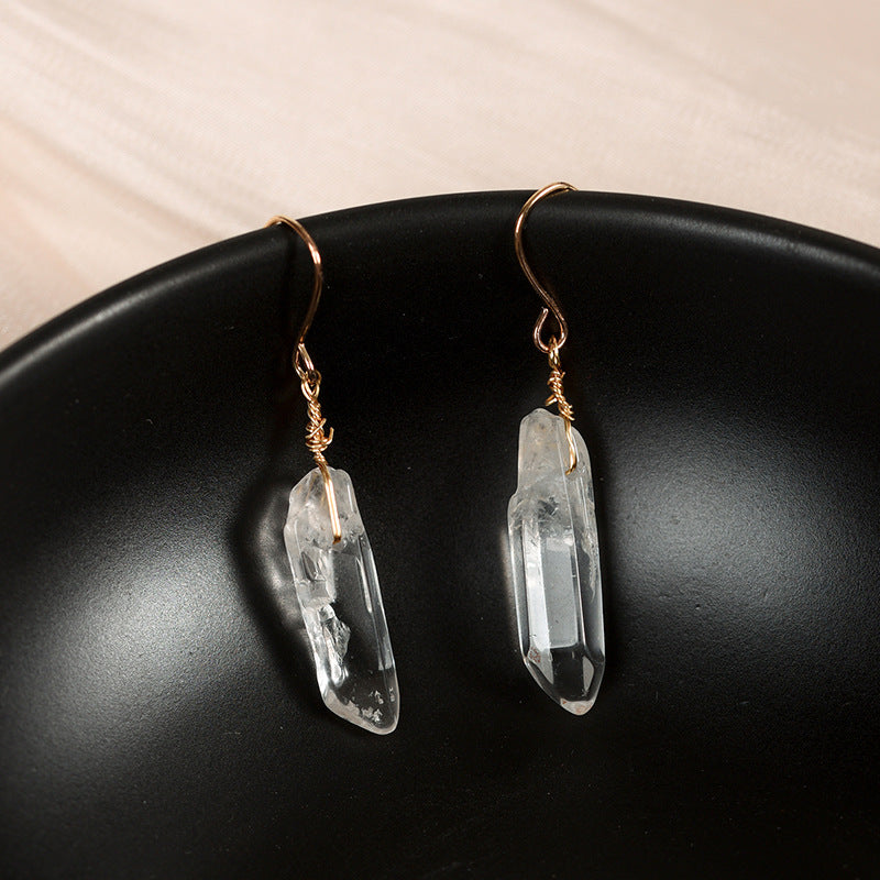 Natural white crystal column earrings, simple women's long earrings, irregular raw stone earrings