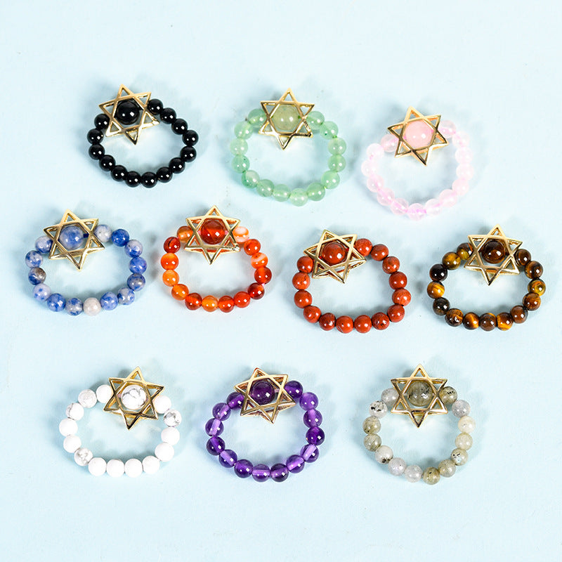 Natural crystal raw stone round beads six-pointed star jade ring hand-wound hot-selling jewelry