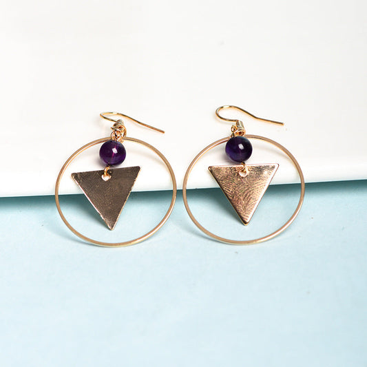 Natural crystal round bead triangular earrings creative simple and elegant handmade earrings