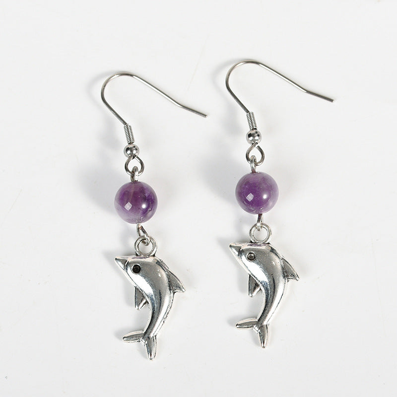 Light luxury fashion amethyst rose quartz earrings high-end design dolphin personality   best-selling new earrings