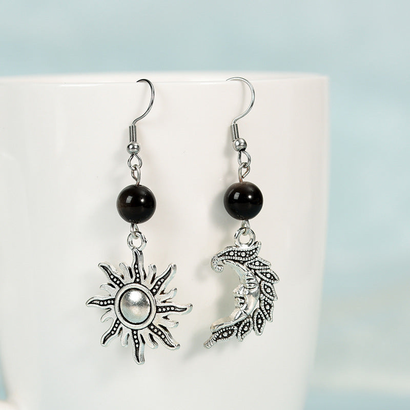 Creative asymmetric left and right star and moon earrings best-selling accessories silver obsidian jewelry