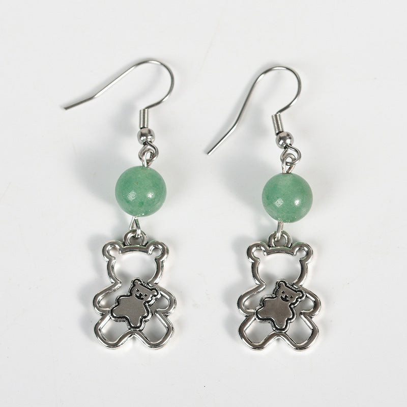 Manufacturer's best-selling new jewelry pink quartz green aventurine earrings bear earrings cute sweet girl earrings jewelry