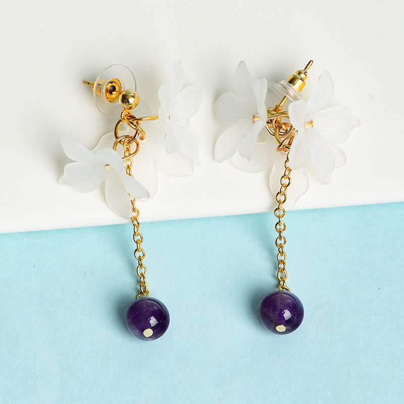 Natural crystal ball beads gardenia flower earrings creative simple and elegant handmade earrings