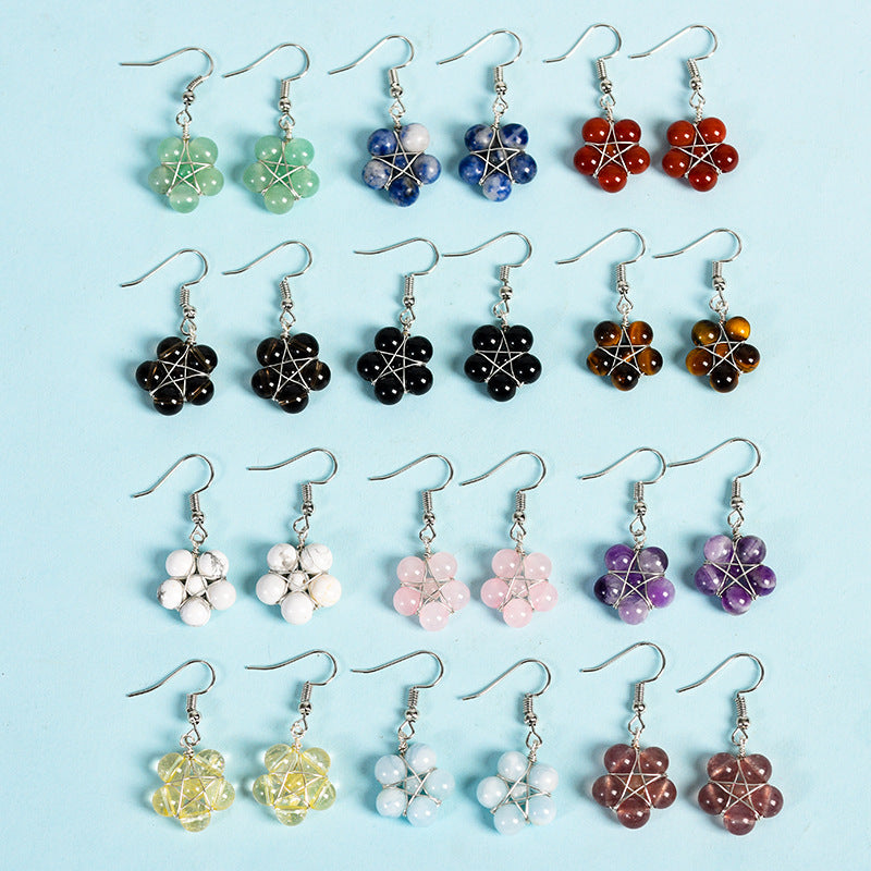 Natural crystal raw stone round beads flower jade earrings hand-wound hot-selling jewelry