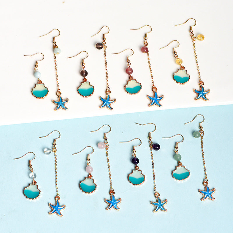 Natural crystal round beads blue starfish earrings creative simple and elegant handmade earrings