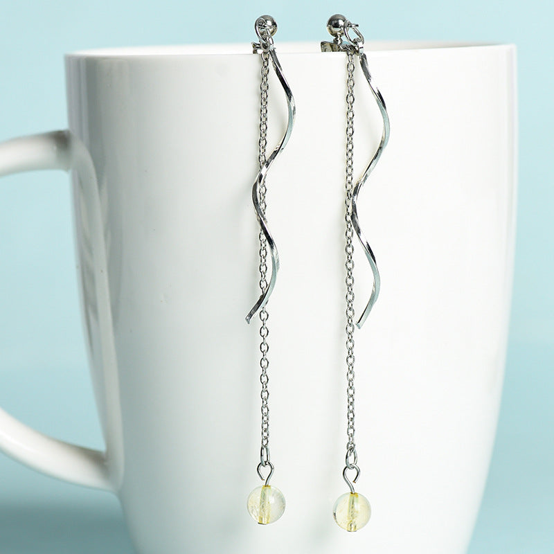 Natural crystal ball beads silver wave earrings creative simple and elegant handmade earrings