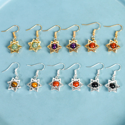 Natural crystal raw stone earrings, cute six-pointed star earrings, temperament, personality and sweet earrings