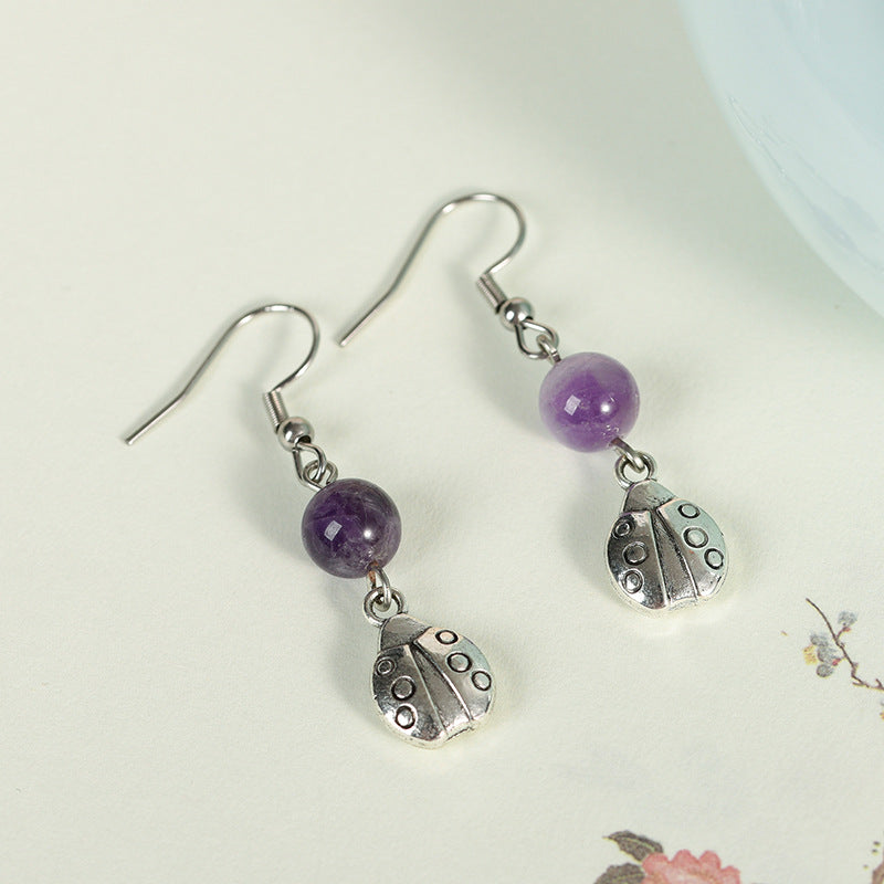 best-selling new amethyst rose quartz model ladybug earrings scarab personality women's light luxury fashion earrings