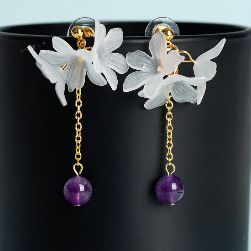 Natural crystal ball beads gardenia flower earrings creative simple and elegant handmade earrings