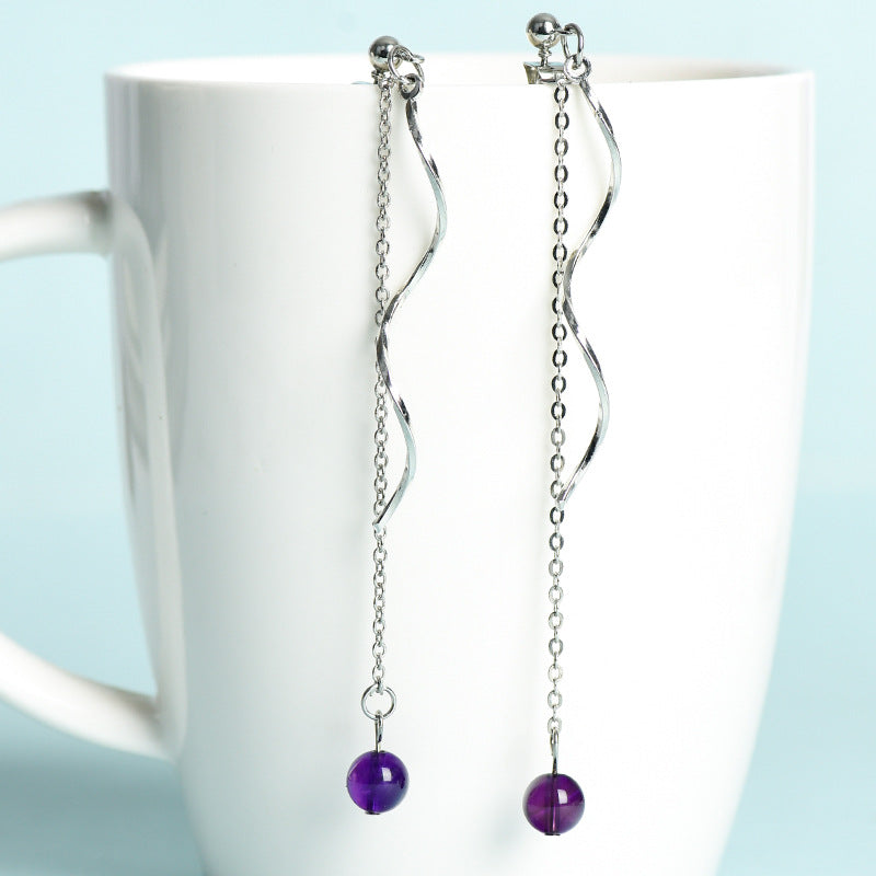 Natural crystal ball beads silver wave earrings creative simple and elegant handmade earrings