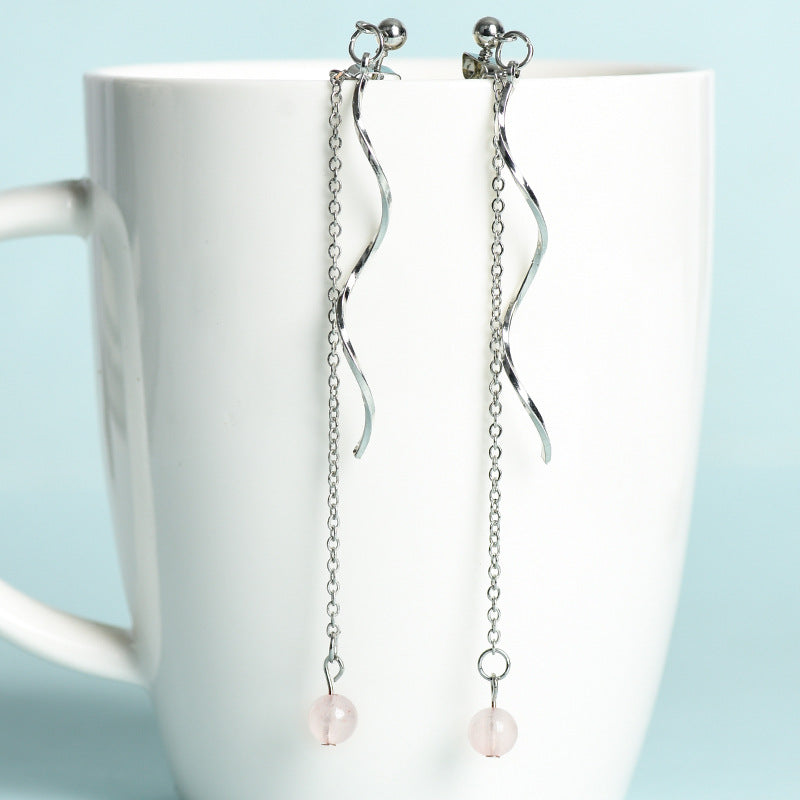 Natural crystal ball beads silver wave earrings creative simple and elegant handmade earrings