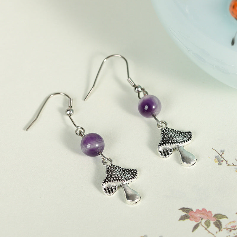 Earrings niche design mushroom earrings amethyst pink crystal beads personalized creative simple female pendant earrings