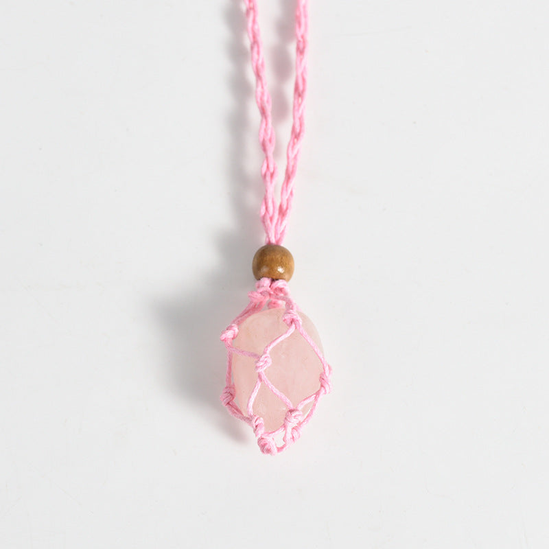 Natural mesh crystal pendant wrapped around silk pink white irregular stone necklace accessories