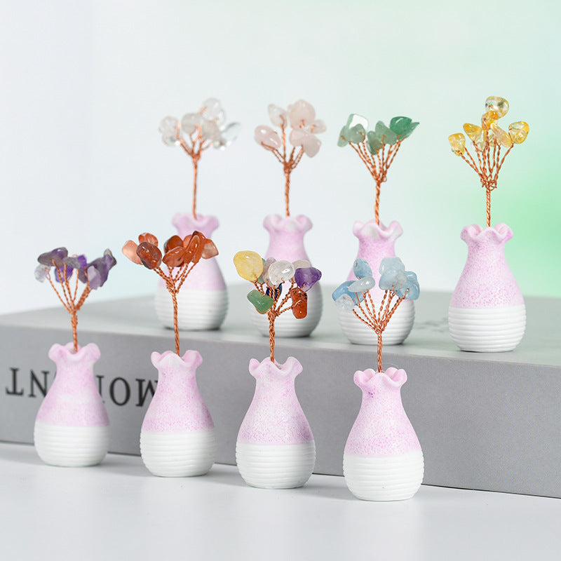 Natural rose quartz raw stone crystal tree ornaments handicrafts amethyst crystal tree home office desk gift tree ornaments