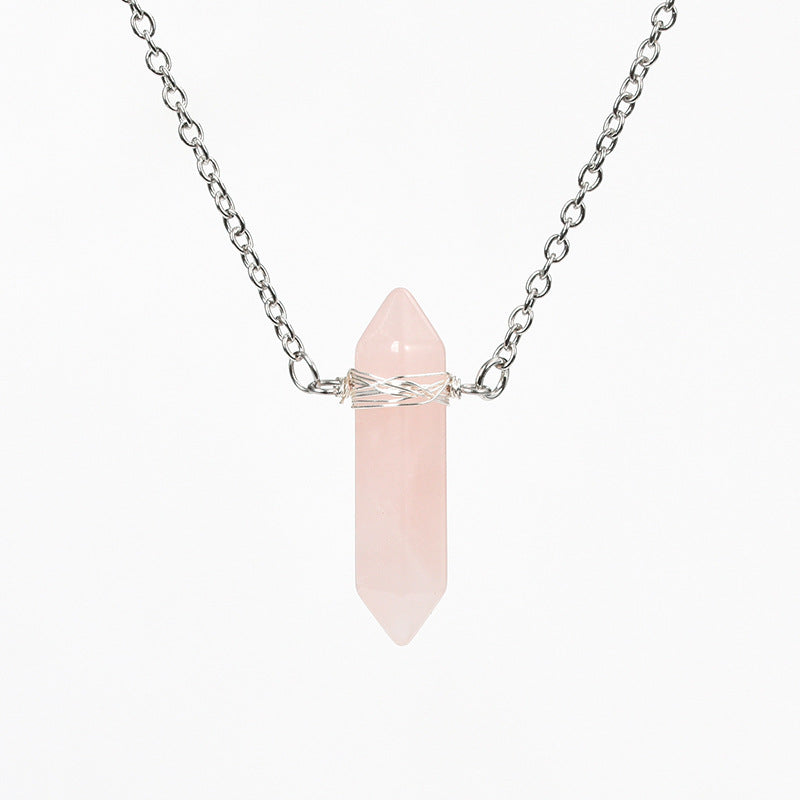 Vertical double pointed crystal column pendant natural stone mixed color crystal column jewelry with necklace