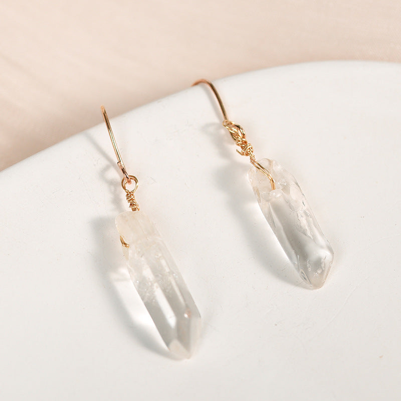 Natural white crystal column earrings, simple women's long earrings, irregular raw stone earrings