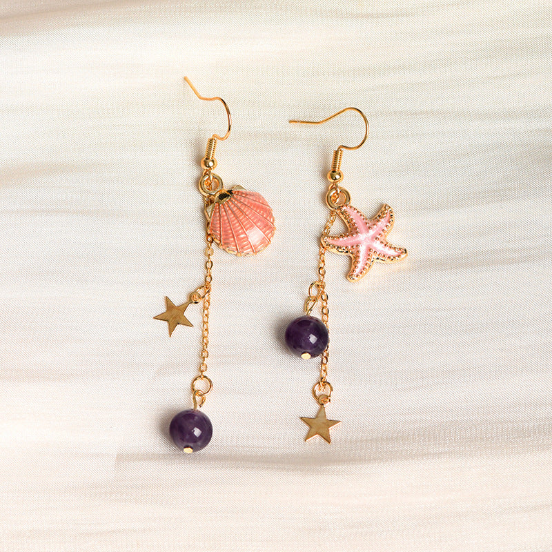 Natural crystal round beads and starfish earrings, creative, simple and elegant handmade earrings