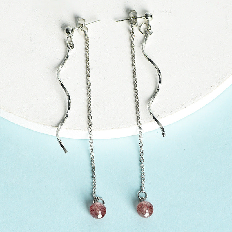 Natural crystal ball beads silver wave earrings creative simple and elegant handmade earrings