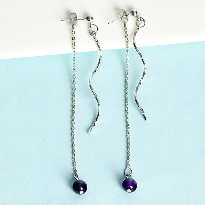 Natural crystal ball beads silver wave earrings creative simple and elegant handmade earrings