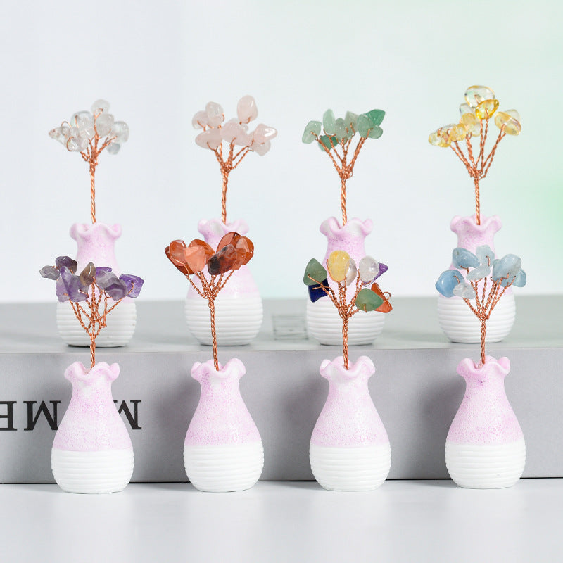 Natural rose quartz raw stone crystal tree ornaments handicrafts amethyst crystal tree home office desk gift tree ornaments