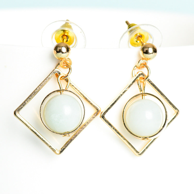 Natural crystal round bead square shaped earrings, creative, simple and elegant handmade earrings