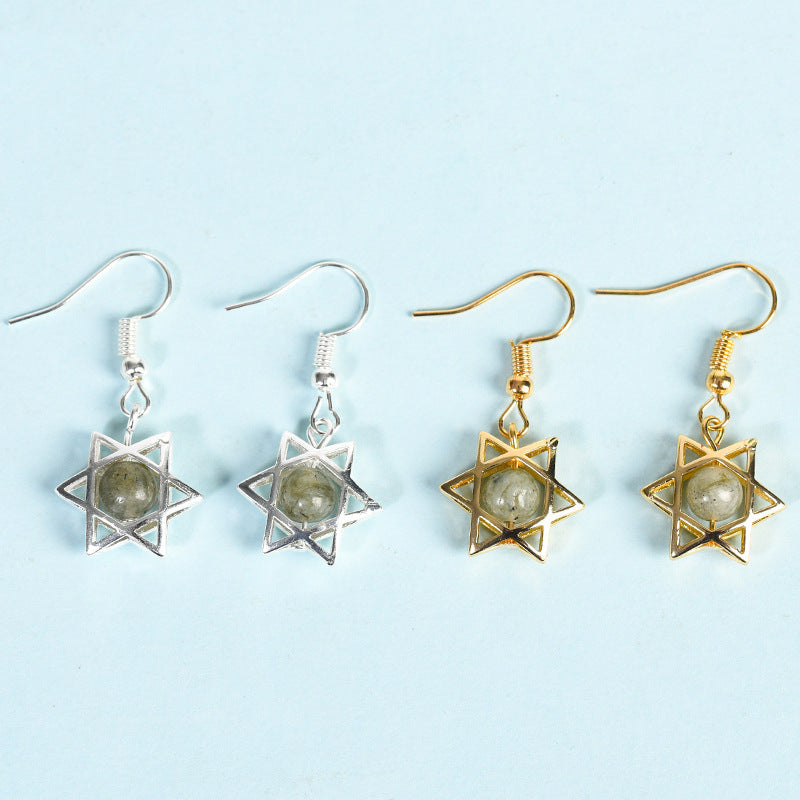 Natural crystal raw stone earrings, cute six-pointed star earrings, temperament, personality and sweet earrings