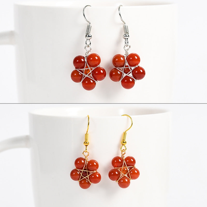 Natural crystal raw stone round beads flower jade earrings hand-wound hot-selling jewelry