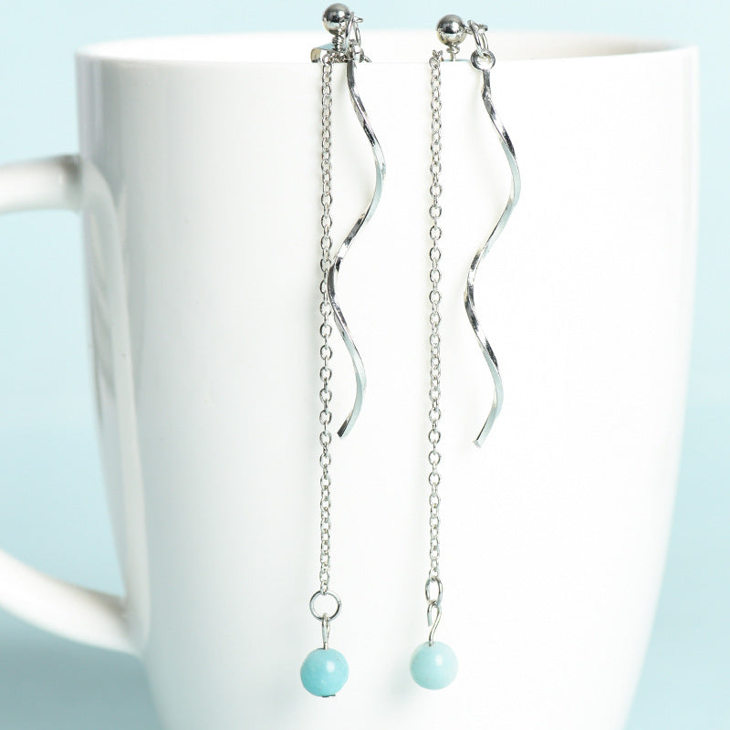 Natural crystal ball beads silver wave earrings creative simple and elegant handmade earrings