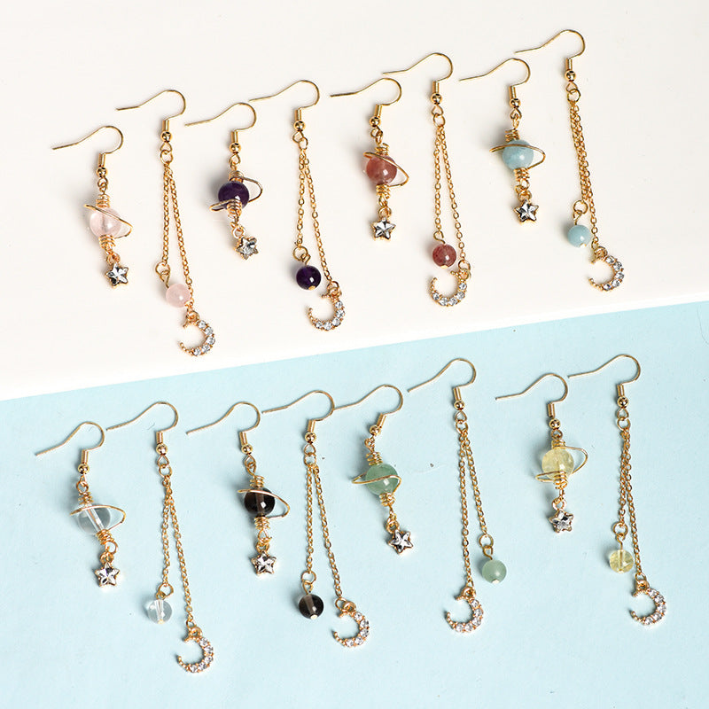 Natural crystal ball beads starry sky moon earrings creative simple and elegant handmade earrings