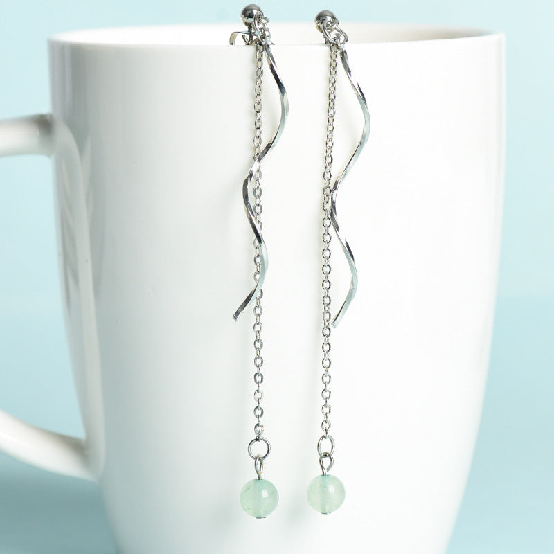 Natural crystal ball beads silver wave earrings creative simple and elegant handmade earrings