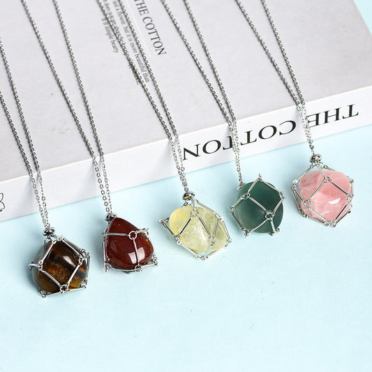 Metal net pocket crystal pendant wrapped around silk pink white irregular stone necklace accessories