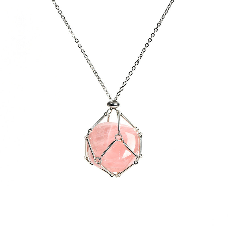 Metal net pocket crystal pendant wrapped around silk pink white irregular stone necklace accessories