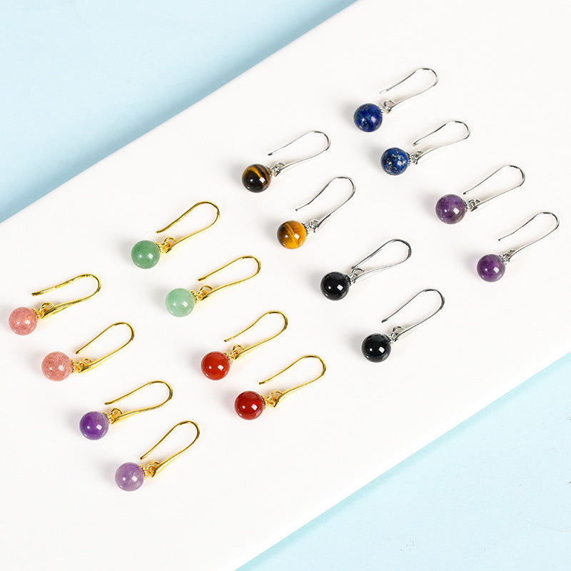 Natural crystal raw stone earrings, cute half-hole round bead earrings, temperament, personality and sweet earrings