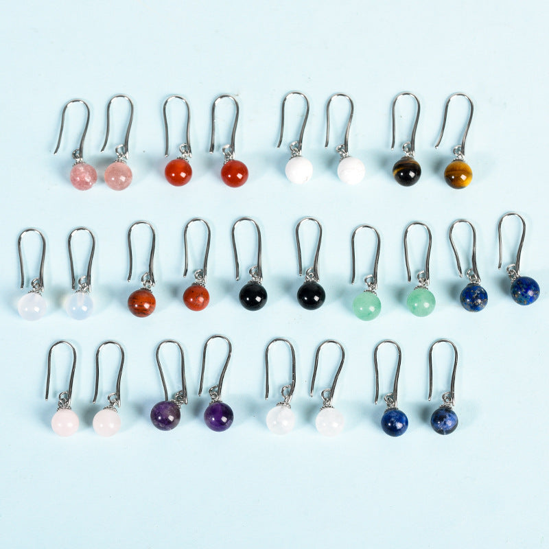 Natural crystal raw stone earrings, cute half-hole round bead earrings, temperament, personality and sweet earrings