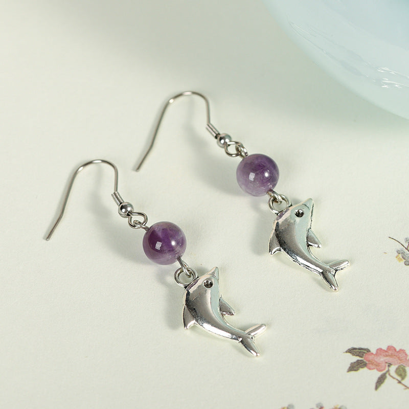 Light luxury fashion amethyst rose quartz earrings high-end design dolphin personality   best-selling new earrings