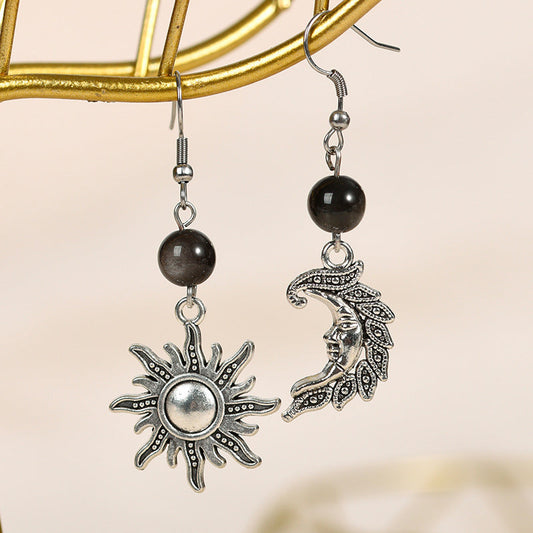 Creative asymmetric left and right star and moon earrings best-selling accessories silver obsidian jewelry