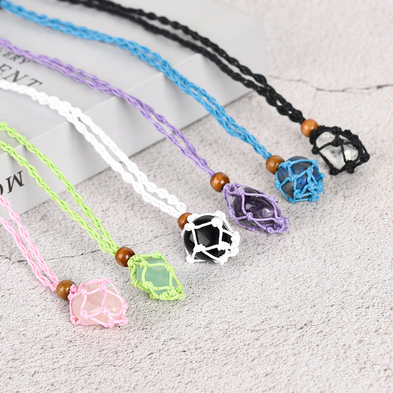 Natural mesh crystal pendant wrapped around silk pink white irregular stone necklace accessories