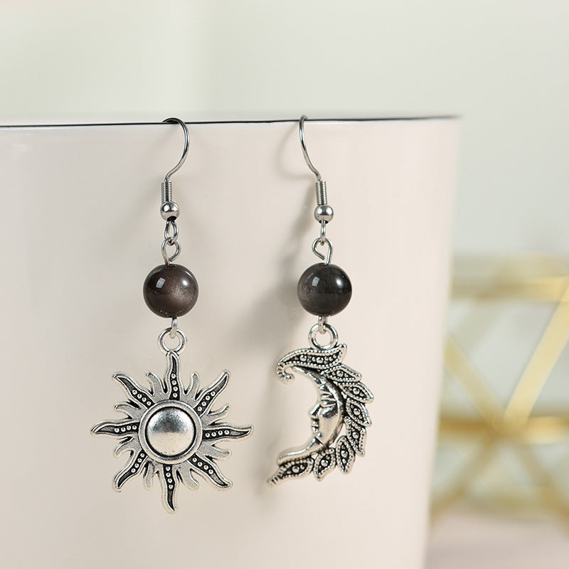 Creative asymmetric left and right star and moon earrings best-selling accessories silver obsidian jewelry