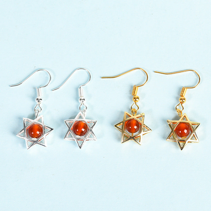 Natural crystal raw stone earrings, cute six-pointed star earrings, temperament, personality and sweet earrings