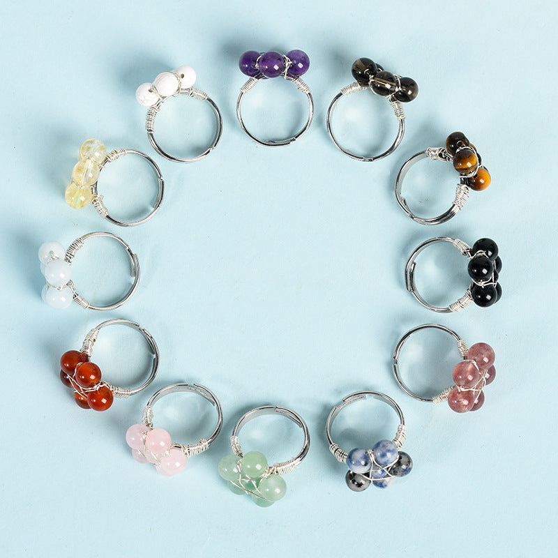 Natural crystal raw stone round beads flowers cross-border jade ring hand-wound hot-selling jewelry