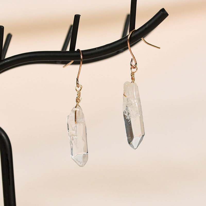 Natural white crystal column earrings, simple women's long earrings, irregular raw stone earrings