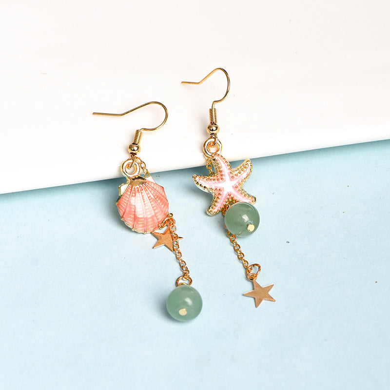 Natural crystal round beads and starfish earrings, creative, simple and elegant handmade earrings